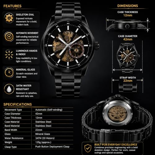 Image of Automatic Watches for Men, Black Analog Skeleton Mechanical Wrist Watch with Stainless Steel Chain, Black Dial, Self Winding Luxury Timepiece, Classic Waterproof Hand Watch