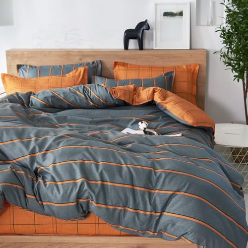 Treer Juego de Ropa de Cama de 3 Piezas, Microfibra Suave Transpirable Moderno Tartán Juego de Fundas Edredón con 1 Funda Nórdica + 2 Funda de Almohada (Naranja Gris,Cama 150/160-220x240cm)