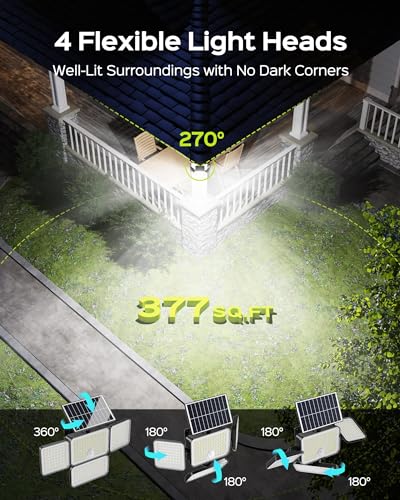 JACKYLED Solar Lights for Outside, 304 LED 8500K Motion Sensor Outdoor Light, 4 Adjustable Heads 3 Mode Solar Flood Lights, IP65 Waterproof LED Security Lights for Yard Patio Wall (2 Pack) - Image 3