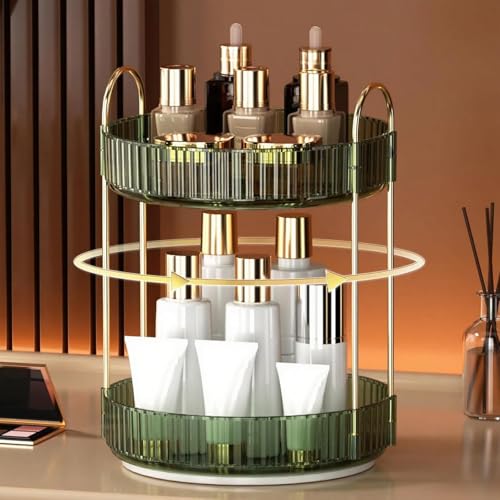 Image of Xmart India 360 Rotating Makeup Organizer - Transparent Cosmetic & Skincare Storage Rack for Dressing Table Lipstick, Perfume, Beauty Accessories & Bathroom Counter Organizer (2 Layer, Green)