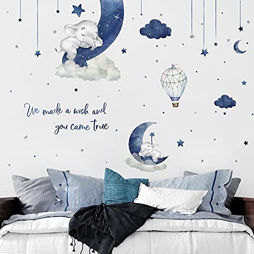 Image of Yovkky Watercolor Blue Grey Sleeping Elephant Wall Decals, We Made a Wish Moon Star Cloud Stickers Hot Air Balloon Nursery Decor, Home Baby Shower Decoration Kids Boy Toddler Bedroom Playroom Art Gift
