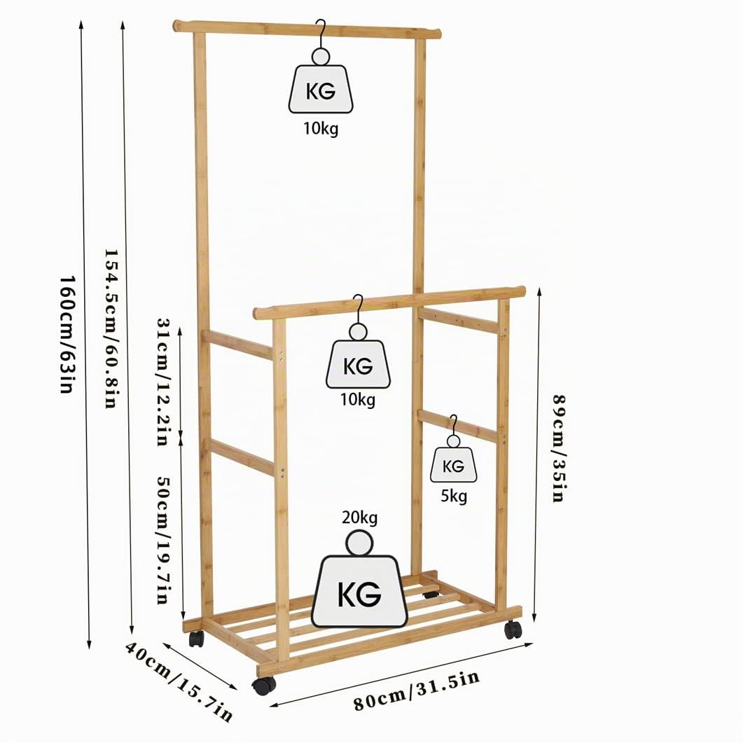 unho Perchero Burro Bambú con Ruedas: Perchero Pie para Colgar Ropa Multifuncional Tendedero Perchero Prendas para Hogar Tienda Dormitorio 80 x 40 x 160cm | Perchero de pie doble para la entrada, el vestidor o el salón