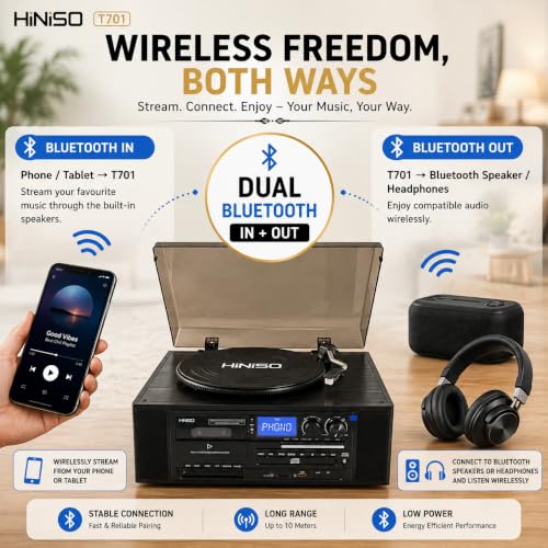 Image of HINISO T701 10-in-1 Vinyl Record Player with Bluetooth in & Out, CD, Cassette, FM /AM Radio, USB /SD Recording | Auto-Return 3-Speed Turntable with AT-3600L Diamond Needle, Remote & RCA