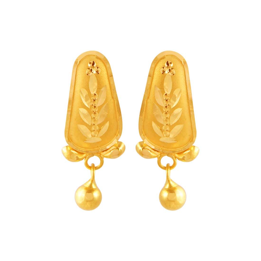 22KT (916) Yellow Gold Dangle Stud Earrings For Women & Girls With Fine Leaf Engraving And Ball Drop - 0.98 Grams