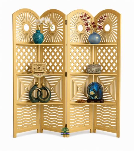 Image of 4 Panel Wooden Room Partition Divider with Decorative Display Shelves | Foldable Privacy Screen for Living Room, Hall, Office & Bedroom | Elegant Gold Finish Home Decor
