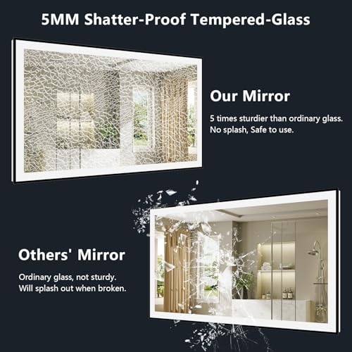 Image of 60x40 Inch LED Bathroom Mirror with Lights (Front Lit and Backlit) Black Framed Lighted Vanity Mirror for Bathroom Wall Dimmable Anti-Fog Memory Tempered Glass Horizontal /Vertical