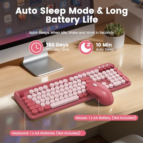 Image of Wireless Keyboard and Mouse Combo, Retro Round Keycaps, Full-Size Stylish Typewriter Keyboard with Large Phone /Tablet Holder, 3-Level DPI Ergonomic Mouse, 2.4GHz Cordless for Windows PC, Rose Pink