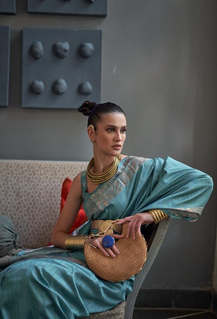Blusa sari de seda tejida con textura rica en cobre Zari 7345 para mujer india (azul)