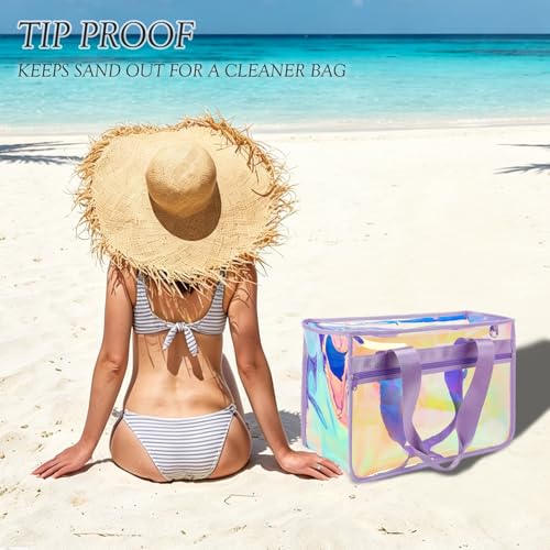 Image of Fammart Iridescent Clear Beach Bags Waterproof Sandproof for Women, Large Jelly Tote Zipper Pool Bag Cruise Essentials 2026