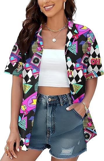 Miniatura 4 de Camisa hawaiana de los años 80 y 90 para mujer, retro, fiesta, discoteca, neón, ropa de los años 80, blusas con botones