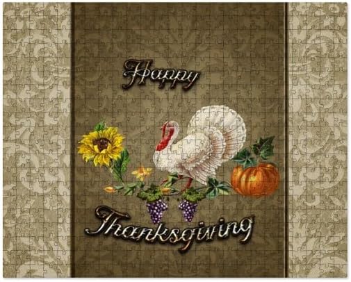 CafePress Happy Thanksgiving, with Cute Turkey, Flowers and 500 Piece Jigsaw Puzzle
