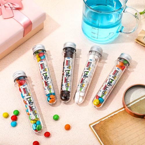 LOYIM 25 Set Lab Week Gifts Bulk Science Party Favors 45ml Plastic Test Tube with Cap Happy Lab Week Sticker 25x140mm Clear Test Tube for Candy Storage Laboratory Student Science Party Decoration