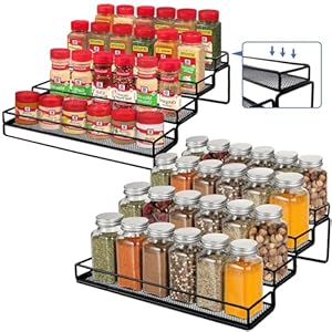 Spice Rack Organizer for Cabinet, 4 Tier Seasoning Organizer, Expandable Shelf,Step Storage Holder, Kitchen Cabinet Countertop,with Protection Railing, Metal (Black,4 Tier,2Pack)