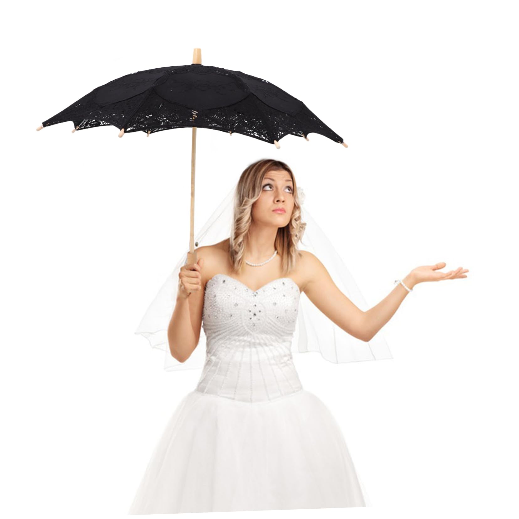 WOONEKY Paraguas de Encaje Elegante y Delicado para Fotografía, Estructura de Madera Resistente y Diseño Romántico para Bodas y Eventos Obsequios