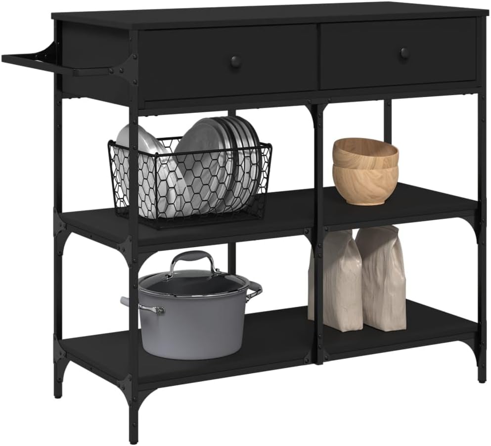 Kitchen Trolley Black Engineered Wood with Steel Frame 41.3"x16.5"x37.4" Rolling Kitchen Cart with Wheels and Towel Rack for Storage and Mobility