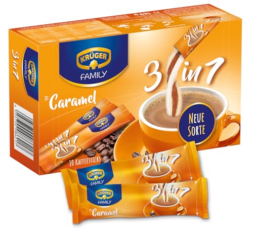 KRÜGER Family 3 in 1 Caramel, Instant Kaffee Sticks mit löslichem Kaffee, Kaffeeweißer, Zucker & Karamell-Aroma, 10 Sticks (16,9g)