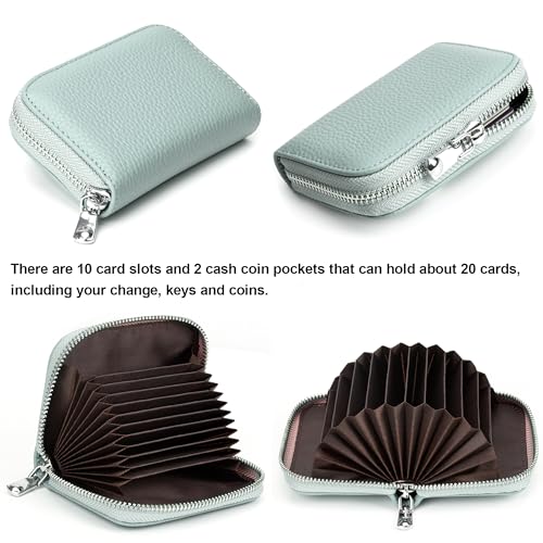 Genuine Leather RFID Blocking Credit Card Wallet, Zipper Card Cases Holder for Men Women, KeyChain Wallet, green2