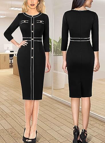 VFSHOW Womens Buttons Patchwork Work Business Office Party Bodycon Pencil Sheath Dress2