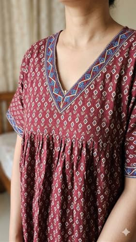Image of Evolove Cotton Nighty Maxi for Women with Side Pocket | Floral Print Round Neck Short Sleeves Full Length Night Wear Gown