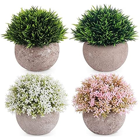 ilauke Artificial Potted Plants, 4PCS Mini Fake Flower and Grass in Round Pot, Small Faux Plastic Greenery for House & Office Decorations Cover