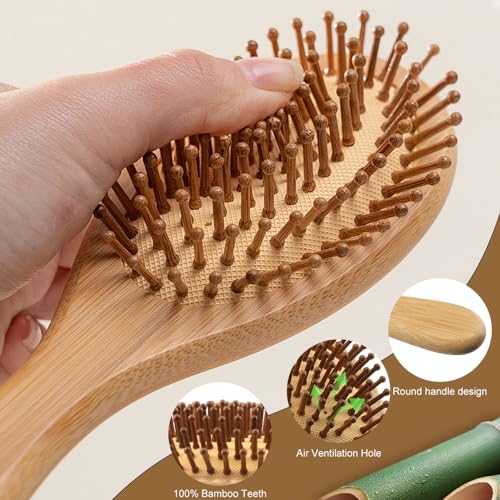 Bambus haarbürste, haarbürste holz, antistatisch, für Männer, Frauen und Kinder, für dickes langes Haar und glattes lockiges Haar, Anti-Frizz-Design, angenehme Kopfhautmassage(Rund