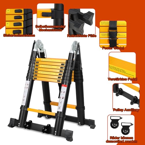 Herrselsam Teleskopleiter A-Rahmen, 3.8m(1.9m+1.9m) Klappleiter Alu Multifunktionsleiter mit Stabilisator Bar und Rädern, Rutschfester, Max Belastung 150 KG, Schwarz Gelb – Bild 3