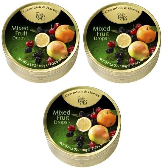 Cavendish And Harvey Sanded Hard Candy with Omegapak Starlight Mints, Mixed Fruit Drops, Fruit Flavored Imported German Candy, Bundles of 3 Tin, 5.3 Ounces Each