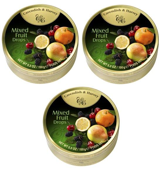 Cavendish And Harvey Sanded Hard Candy with Omegapak Starlight Mints, Mixed Fruit Drops, Fruit Flavored Imported German Candy, Bundles of 3 Tin, 5.3 Ounces Each