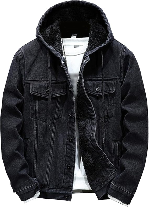 QOAAIE Mens Fleece Lined Denim Hoodie Jacket Casual Long Sleeve