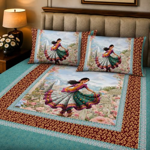 7D Digital Printed King Size Bedsheet with 2 Pillow Covers | Soft Premium Cotton Feel Microfiber Double Bed Bedsheet |Breathable,Wrinkle Free & Fade Resistant|(BlueEthnic, KingSize-225x250CM)