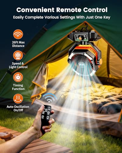 Image of Camping Fan, 20000mAh Battery Powered Fan with LED Lantern, Rechargeable Battery Operated Oscillating with Remote Hook, 8 Speeds Outdoor Fans for Teny, Picnic, Fishing, Travel, Jobsite Black