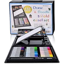 Darnassus 155-Piece Trifold Easel Art Set, Deluxe Professional Color Set, Compact Portable, with Crayons, Markers, Pencils, Color Cakes, and Sketch Pad, Crafts Gift for Ages 4-12