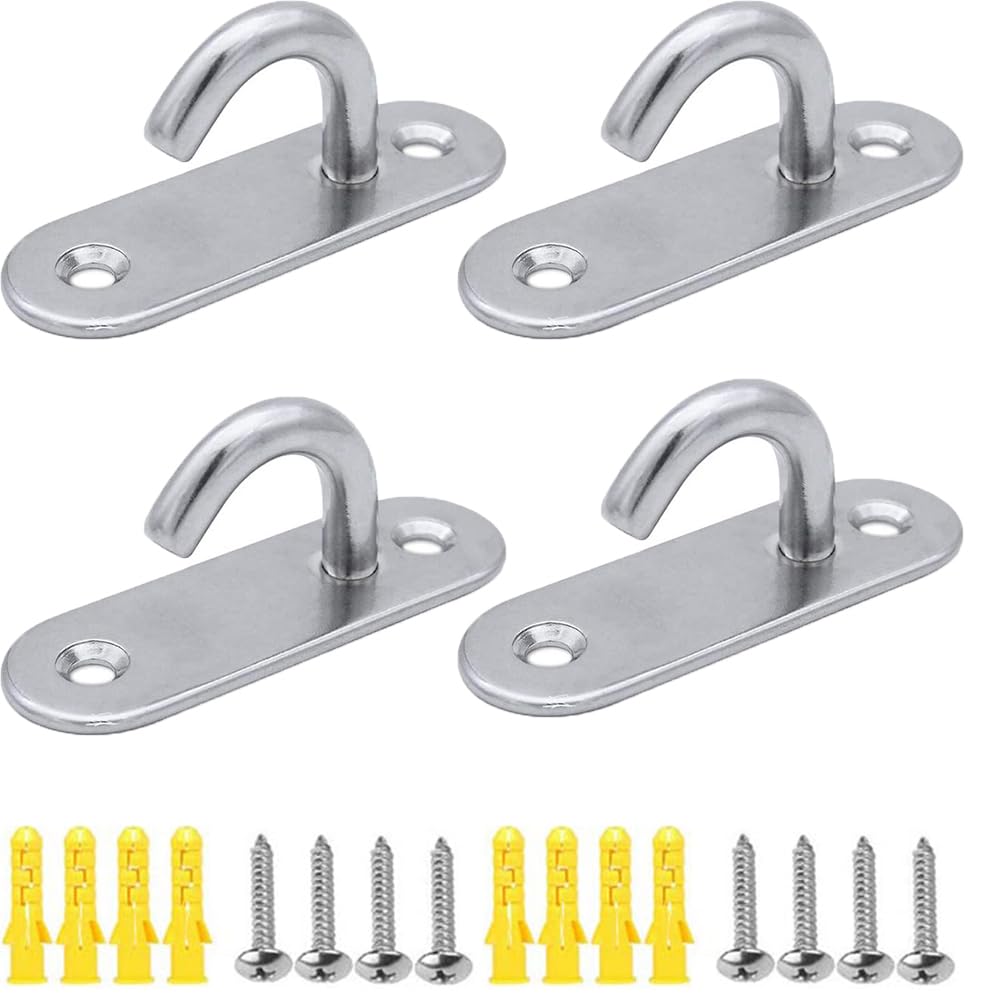 4 Pack Stainless Steel 304 Ceiling Hooks M8 Heavy Duty Oval Open Hooks Pad Eye Plate Anchor Heavy Duty Screw Wall Mount Hook for Hanging Lamp Plant Basket Ceiling Fan Tool Marine Deck Hardware