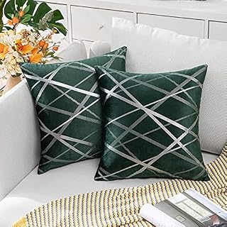 MIULEE Set of 2 Velvet Cushion Covers Silver Throw Pillow Case Decorative Square Bright Line Design Pillowcovers for Couch Livingroom Sofa Bed Bedroom 45x45 cm 18x18 Inch Dark Green