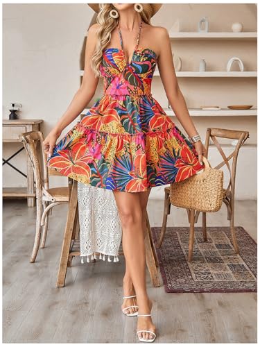 Image of Floerns Women's Floral Sleeveless Halter Dress Milkmaid Flare Hem Boho Mini Dress