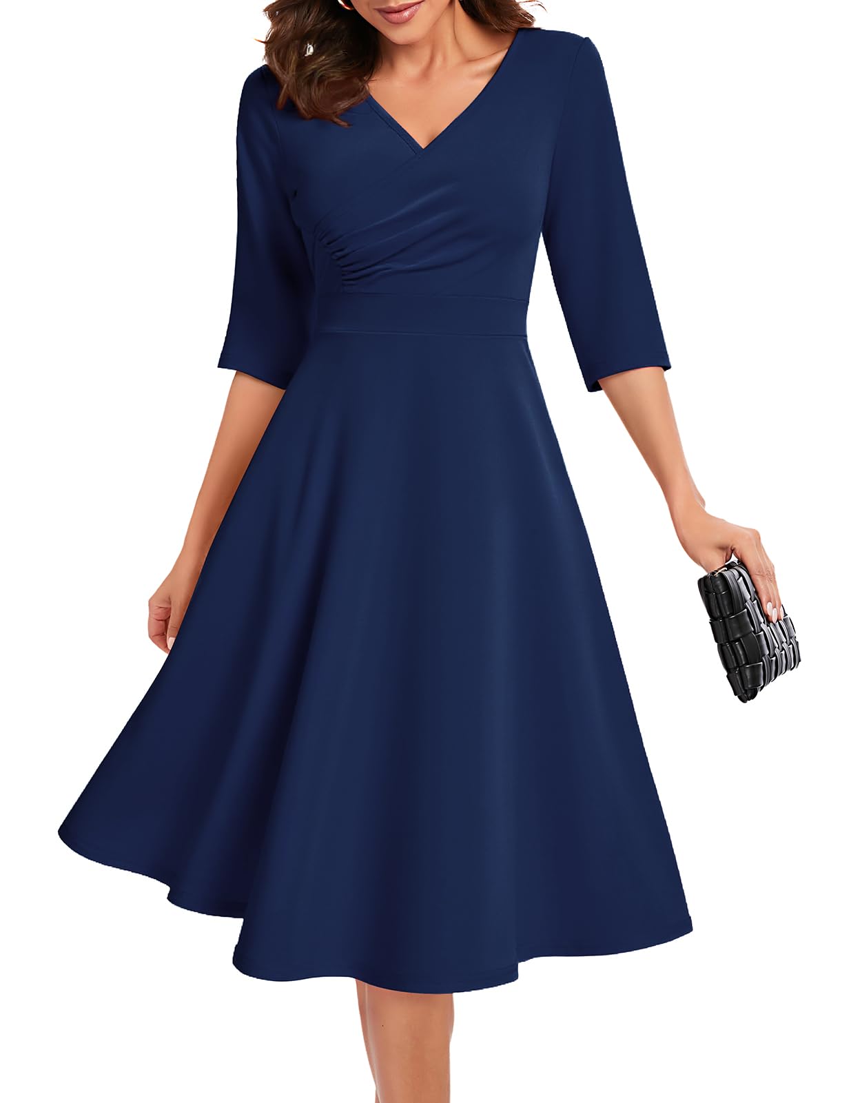 Bbonlinedress Cocktail Dress Formal Wedding Guest 3 4 Sleeve Christmas Dress Church A-Line V-Neck Swing Midi Tea Dress