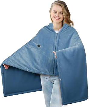 Heated Blanket Wearable Electric Throw with 7.4V 16000mAh Battery, 180 * 90cm Flannel Electric Blanket Heated Shawl DarkBlue