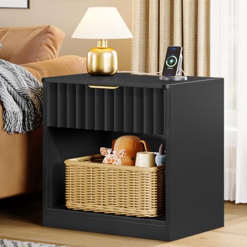 Image of TEENFON Fluted Nightstands Set of 2, Night Stand with Charging Station and LED Light, Nightstand with Storage Drawer and Open Shelf, Bedside Table for Small Space, Bedroom, Black