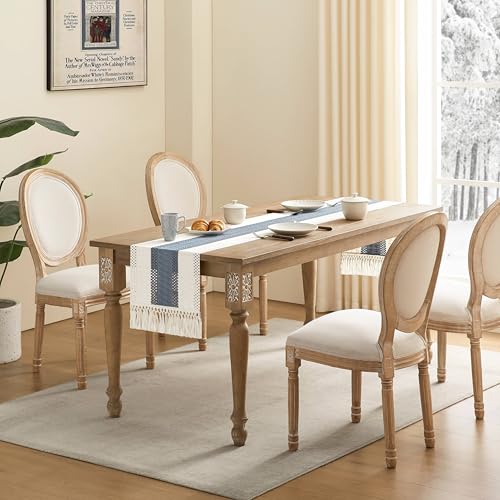 Image of ZeeMart Macrame Style Bicolor Stitching Table Runner, 14 x 72 Inch Navy /Ivory, Boho Navy Blue Table Runners 72 Inches Long, Farmhouse Woven Home Decor