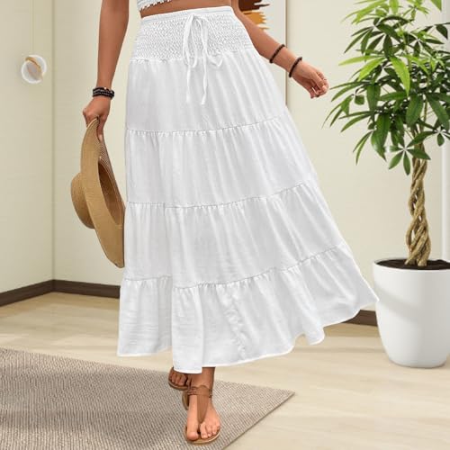 Women Summer High Waist Skirts Casual Elegant Solid Color Bohemian Ruffled A-Line Skirt for Beach Vacation Streetwear4