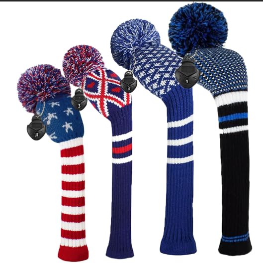 Scott Edward Knitted Golf Head Covers 4PCS Handmade Fit Well for Driver and Fairway Woods with Long Neck Pom Pom Golf Club Headcovers Set Colorful Multiple Colors