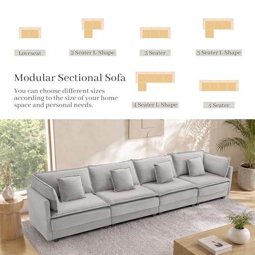 Image of Corduroy Sectional Couch, 4 Seater 149.2 inch Cloud Couch, Modular Deep Seat Sofa with Pillows for Living Room, Apartment, Lightgrey