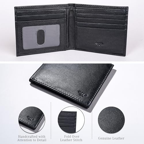 Image of Leather Wallet for Men, Gifts for Men, Handcrafted Minimalist Mens Slim Bifold Wallet, Anti-Theft RFID Blocking Wallet for Men's, Bi-fold -Black