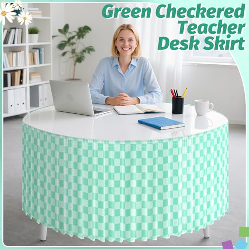 Image of 9FT Green Checkered Table Skirt Ruffle Colorful Teacher Desk Skirts for Classroom Decorations Rectangle Table Cover Skirt for Back to School Party Supplies Kindergarten Office Dorm Bookcase Cabinet