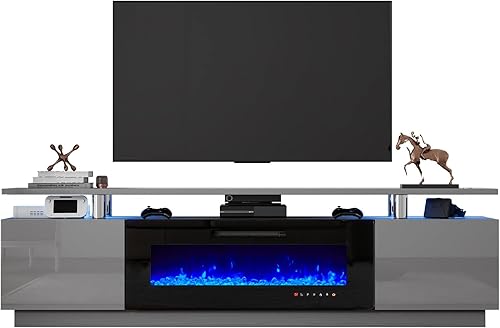 Miniatura 8 de Soporte de TV con chimenea de 80 pulgadas, moderno centro de entretenimiento LED con chimenea eléctrica de 40 pulgadas, consola multimedia de