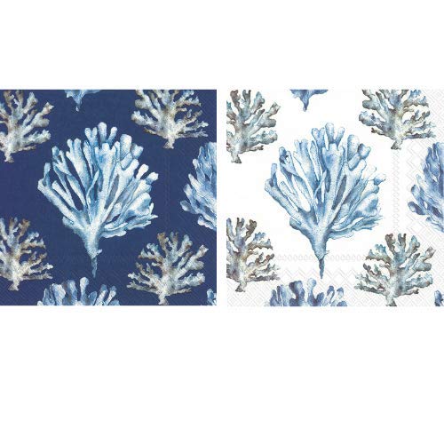 Scout & Company Coral Reef Cocktail Blue and White Tropical Coastal Cocktail Napkins - Designer Cocktail Napkins 3-ply, 40 count - For Barware, Beverage Serviettes and Cocktail Party