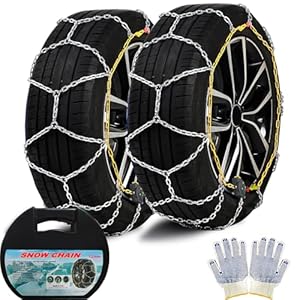 Snow Chains for Car Tires, Auto Fixing 1 Min Quick Fit Easy Installation, Portable Reusable Universal Emergency Tire Traction Chain for Passenger Car, Pickup Trucks and SUV – Set of 2 (KN100)