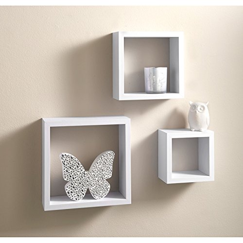 Set of 3 Large Medium & Small Wall Floating Cube Box Shelf/Shelves Hanging Display Square Shepe Shelving Unit (White)