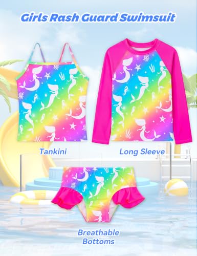 Image of Girls Rash Guard Swimsuit 3 Pieces Long Sleeve UPF50+ Quick Dry Bathing Suit for Toddler 3-12Y