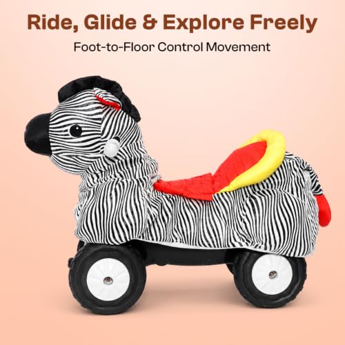 Image of Toyzone Little Soft Zebra Ride on | Cloth-Covered Ride On Toy with Wheels | Back Support | Indoor & Outdoor Ride-On for Toddlers 1-4 Years